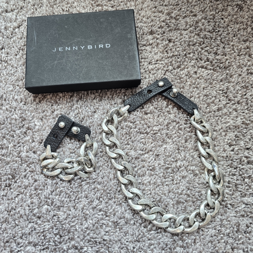 Jenny Bird Silver Bracelet with Black Leather Accents